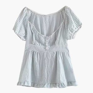 Brandy Melville Light Green Babydoll Button Up Gingham Checker Short Sleeve Top